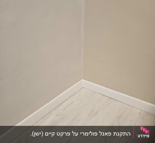פינת חדר עם פרקט עץ בהיר וקיר בצבע בז